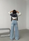 Mavi Arkadan Yırtık Baggy Jean Pantolon