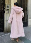 Pembe Kapşonlu Uzun İthal Kürk