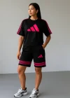 Siyah ADD Fuşya Çizgili Oversize Unisex Şortlu Takım