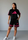 Siyah ADD Fuşya Çizgili Oversize Unisex Şortlu Takım