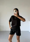 Siyah Alo Yoga Modal Crop Şortlu Takım