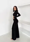 Siyah Yandan Taşlı Bol Paça Pantolon