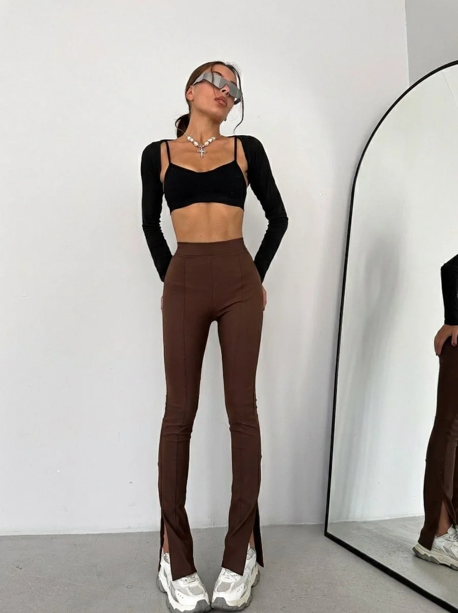 Kahve Paça Yırtmaç Çimalı Tayt