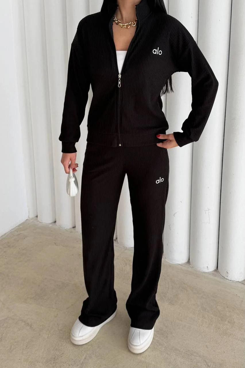 Siyah Alo Yoga Ottoman Fitilli Eşofman Takım