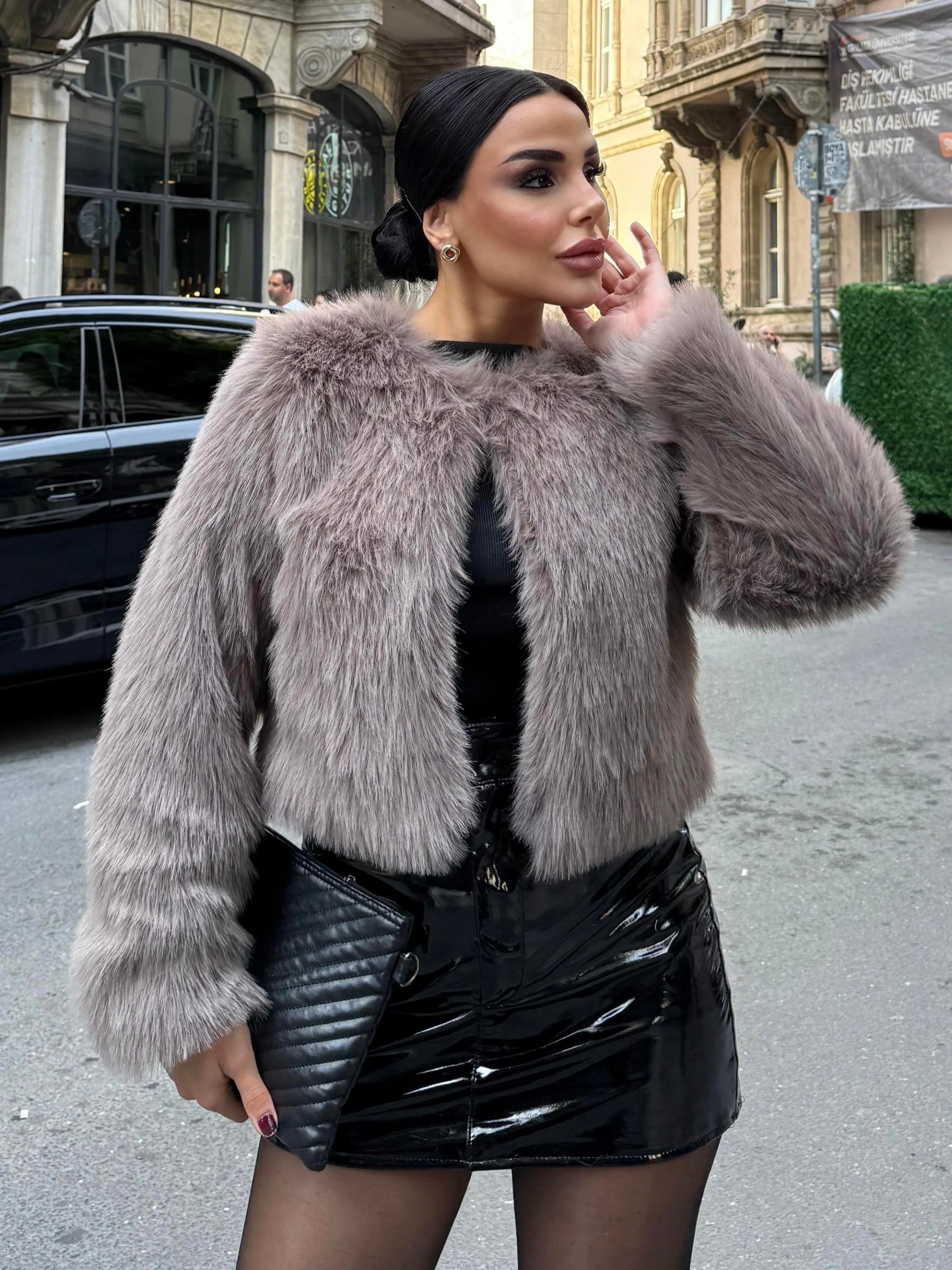 Vizon Düz Yaka Crop İthal Kürk