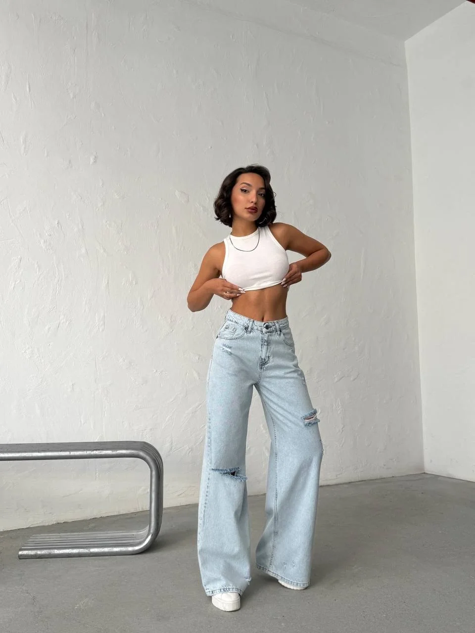 Açık Mavi Yırtık Detaylı Wide Leg Jean Pantolon