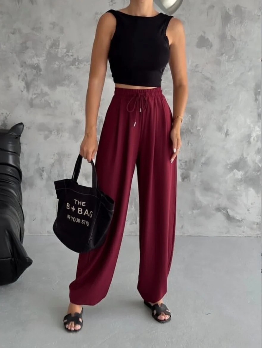 Bordo Oysho Modal Kumaş Şalvar Pantolon