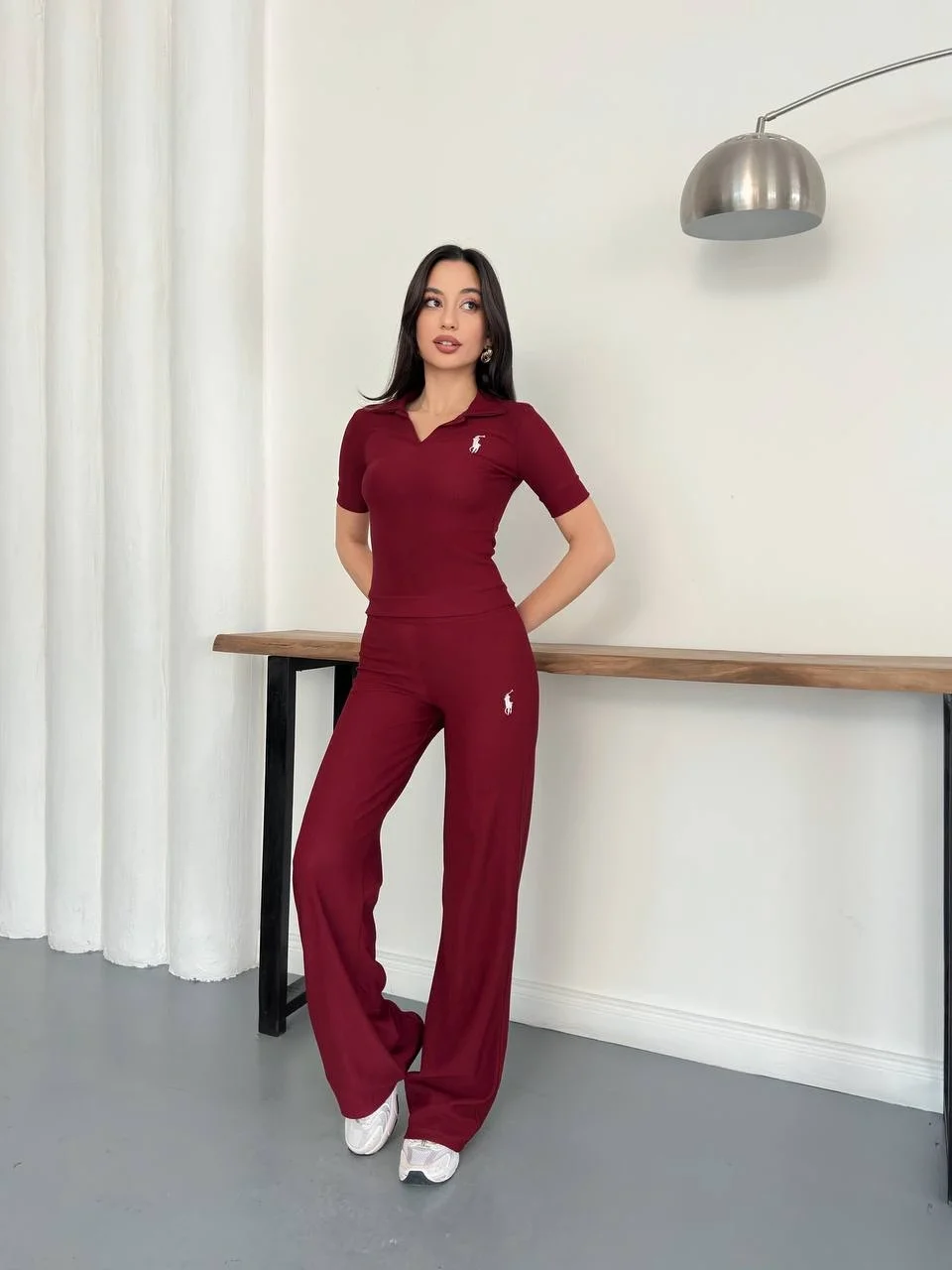 Bordo Polo Yaka Ottoman İkili Takım