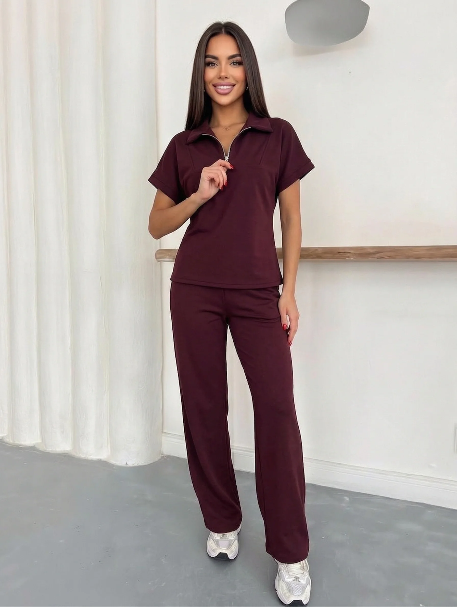 Bordo Fermuar Yaka Modal İkili Takım