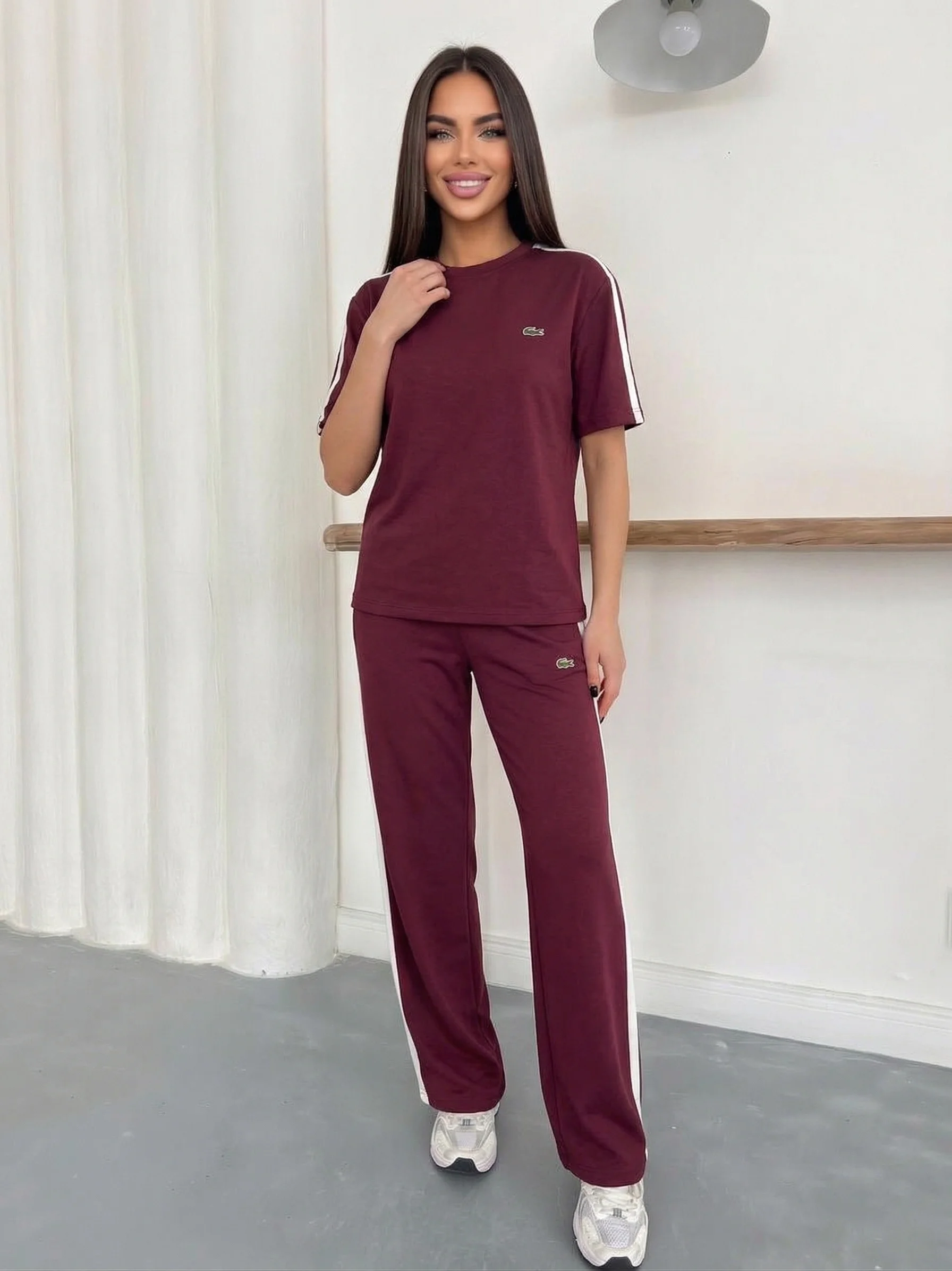 Bordo Lacoste Şeritli Modal İkili Takım