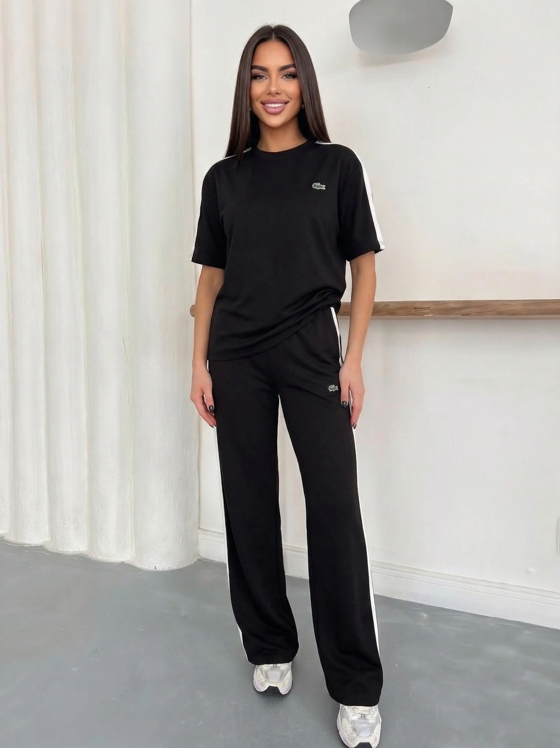 Siyah Lacoste Şeritli Modal İkili Takım