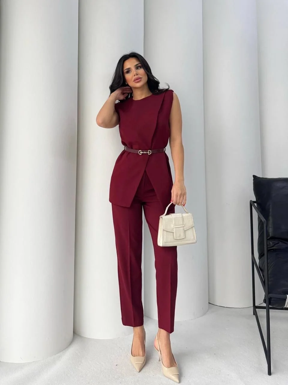 Bordo Kemerli Kolsuz Yelek Pantolon İkili Takım