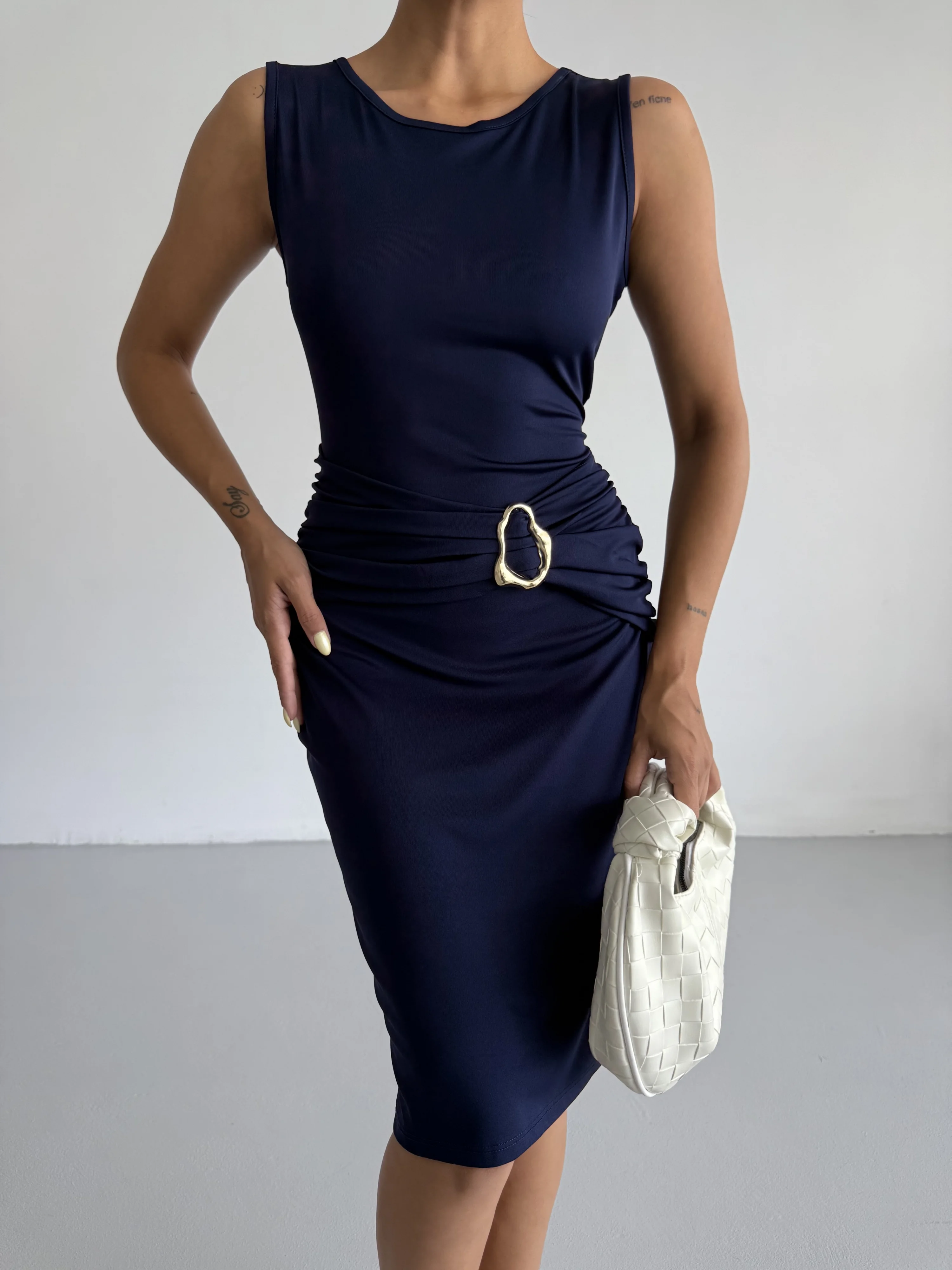 Lacivert Toka Detay Midi Boy Dalgıç Elbise