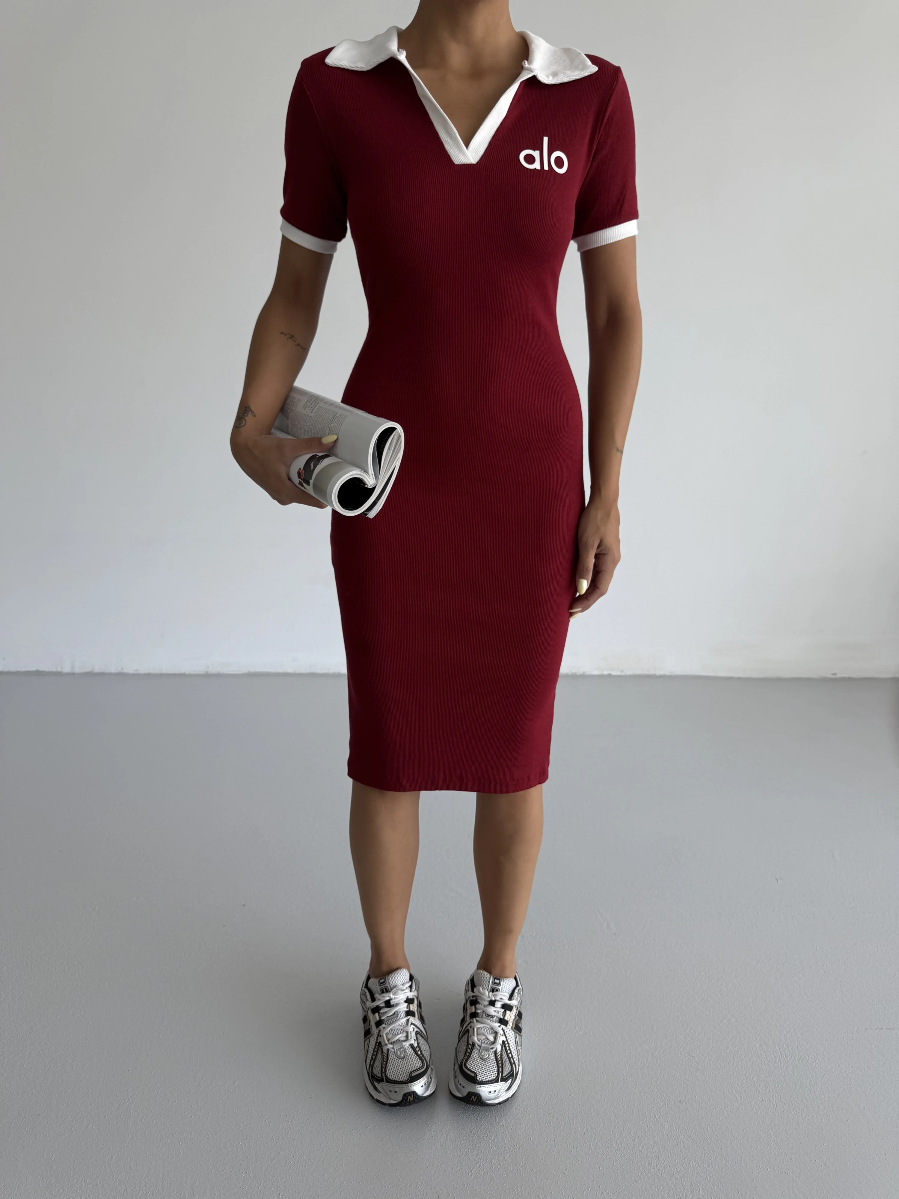 Bordo Alo Yakalı Likralı Elbise