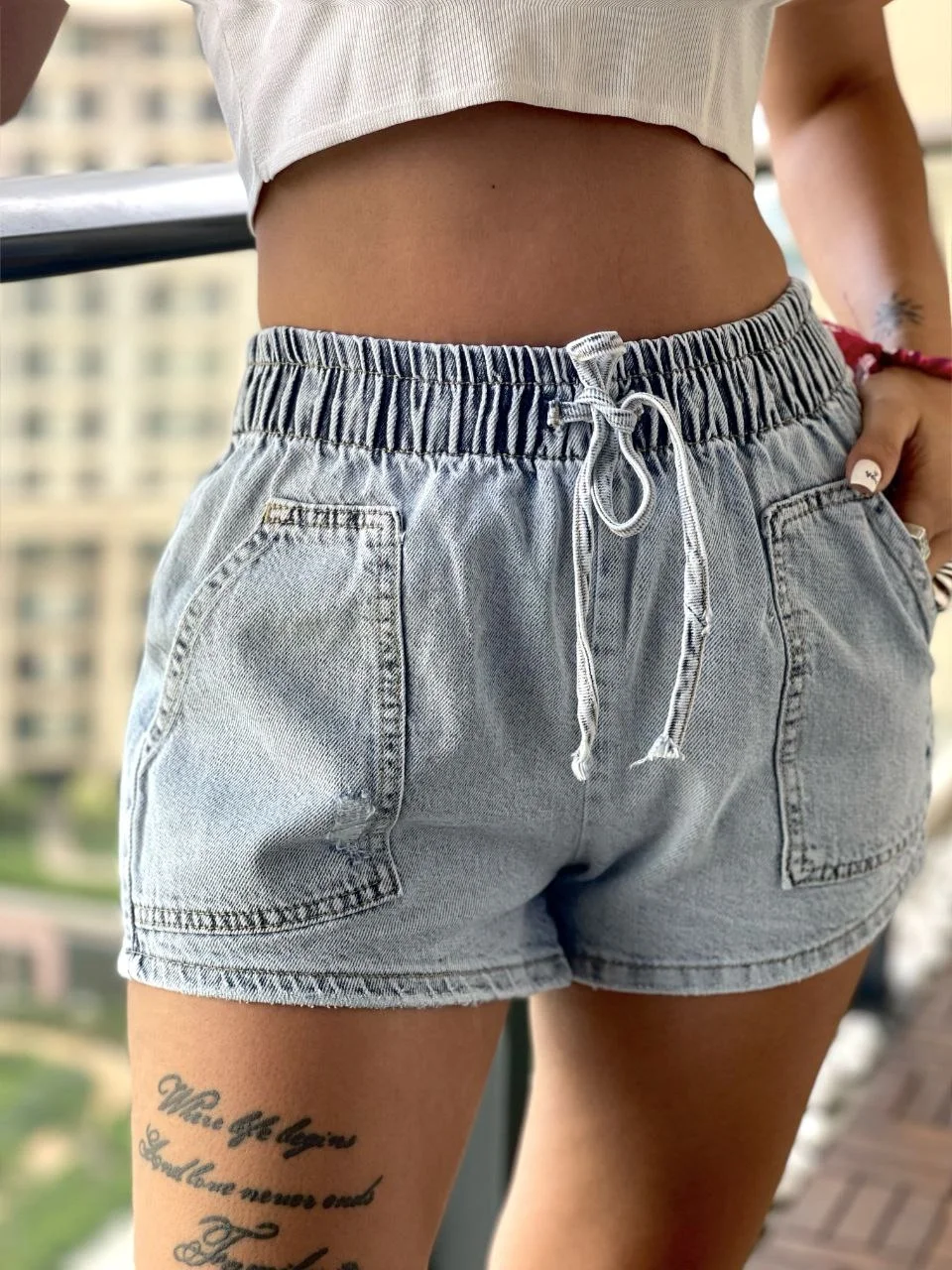 Mavi Bağcıklı Kot Şort