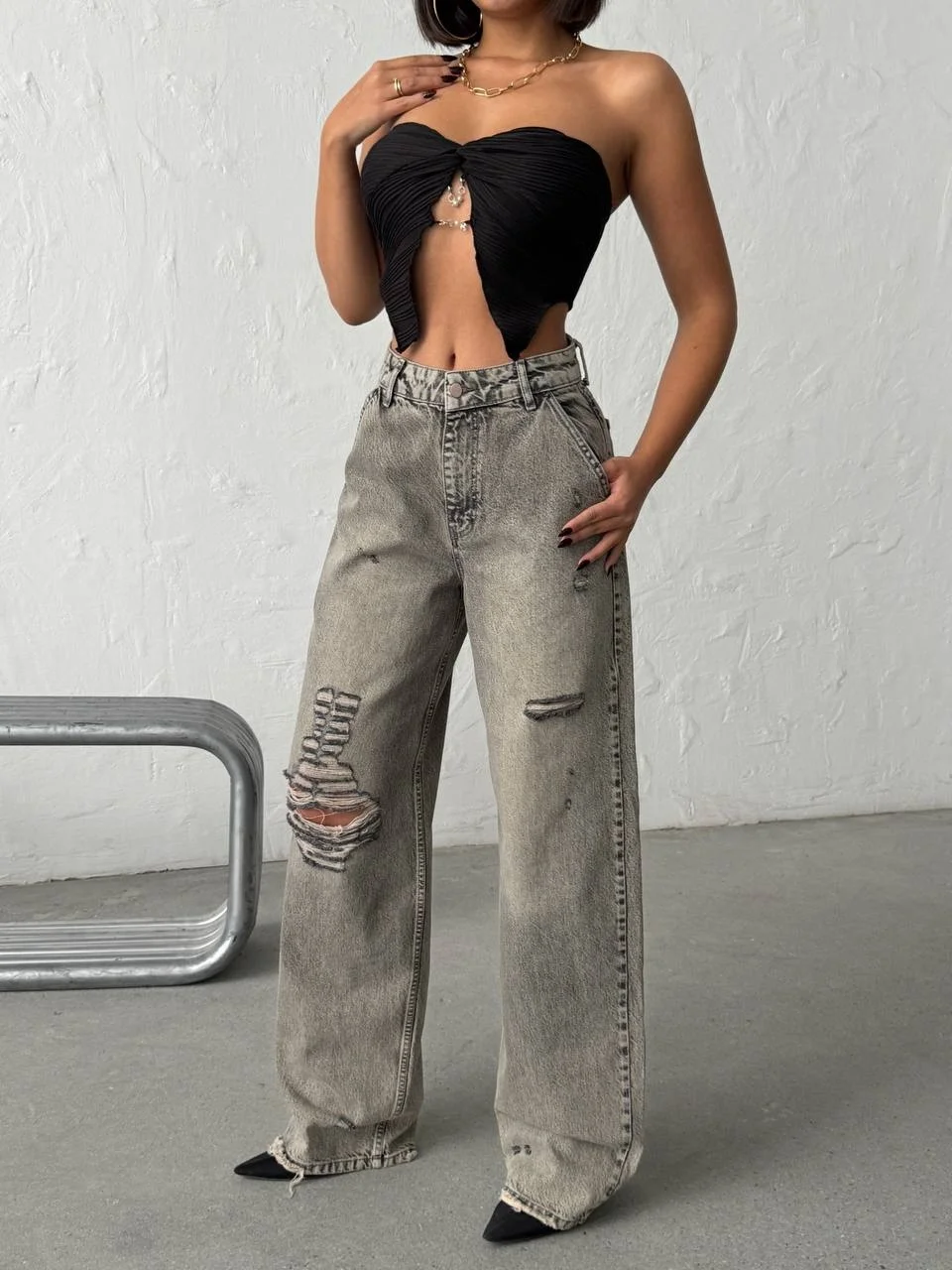 Grunge Stil Eskitme Efektli Geniş Paça Jean