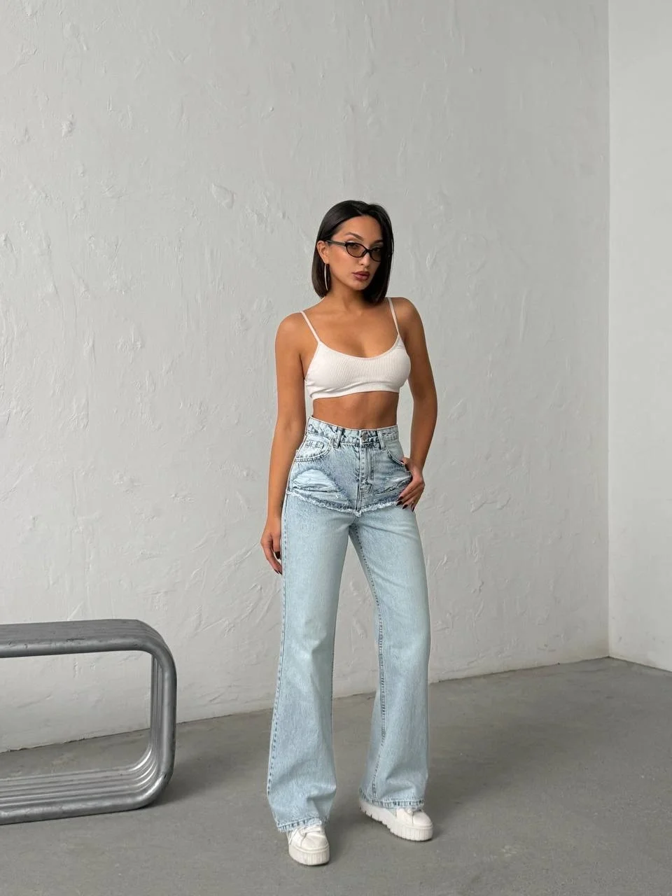 Yüksek Bel Katmanlı Tasarım Açık Denim Pantolon