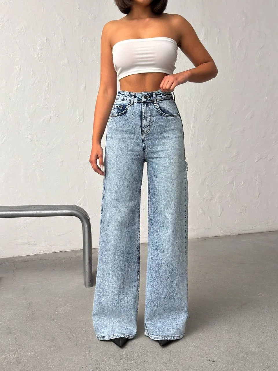 Arka Pencere ve Patchwork Detaylı Açık Mavi Palazzo Pantolon