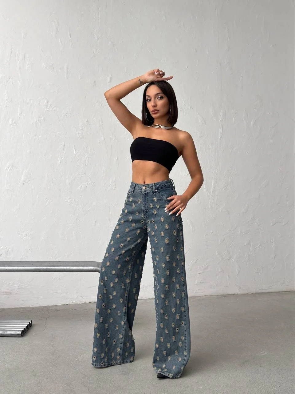 Mikro Yırtık Desenli İndigo Geniş Paça Kot Pantolon