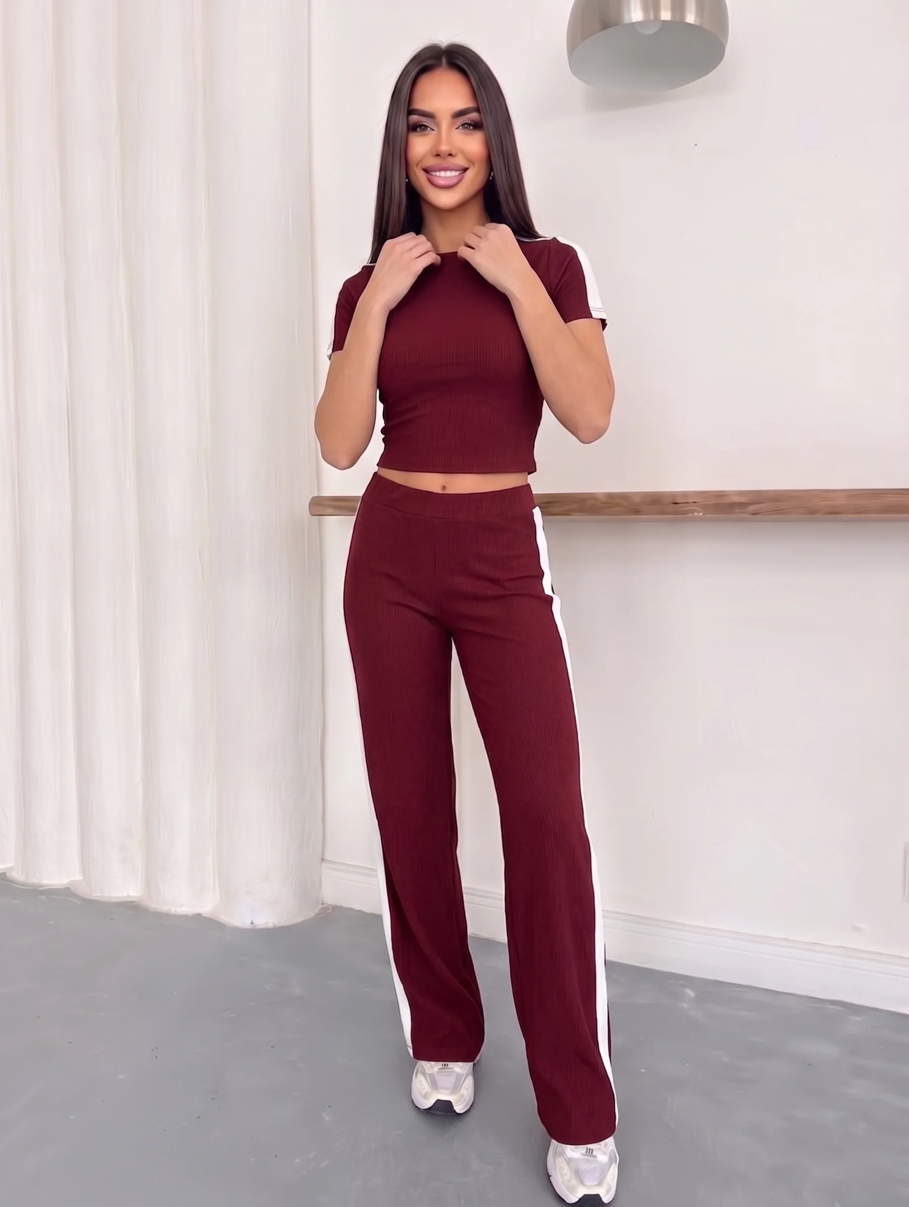 Bordo Yandan Şeritli Ottoman İkili Takım