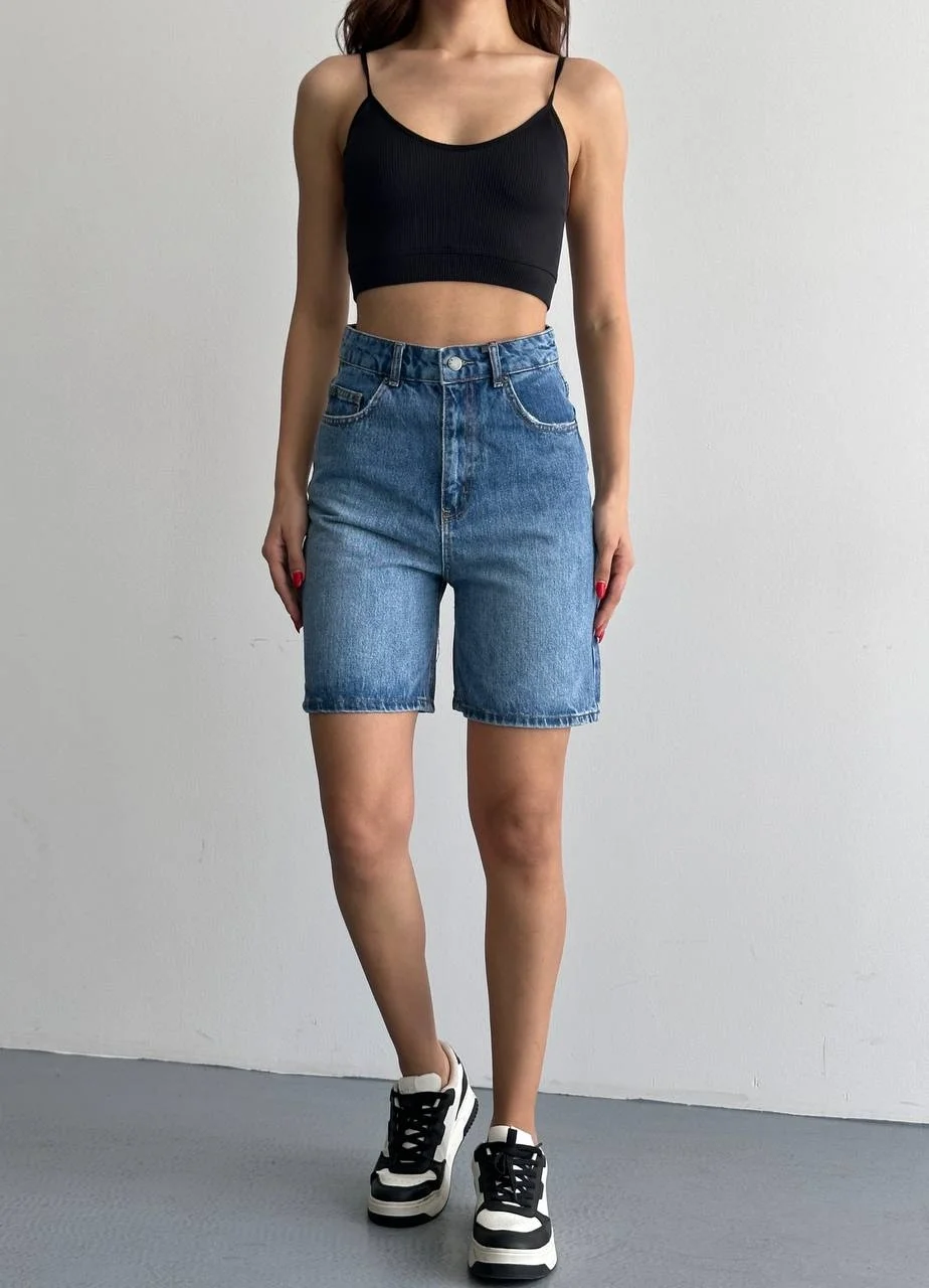 Mavi Yüksek Bel Premium Denim Bermuda Şort