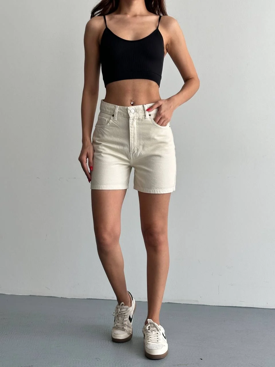 Krem Yüksek Bel Premium Denim Bermuda Şort