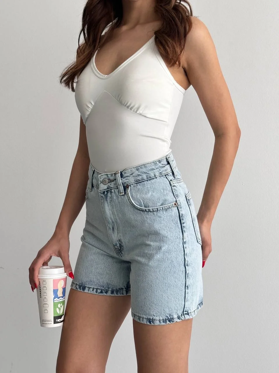 Buz Mavi Yüksek Bel Premium Denim Bermuda Şort