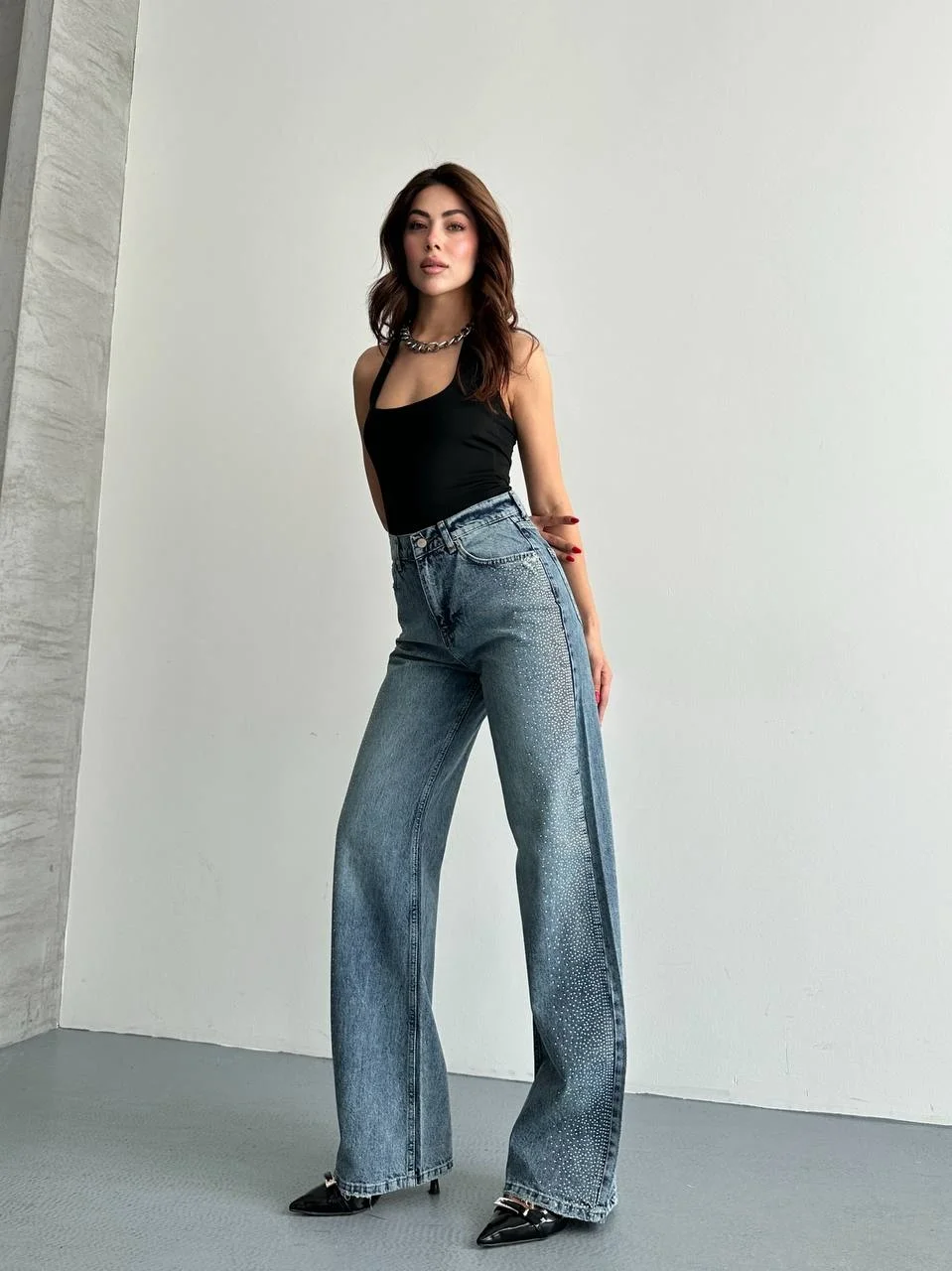 Taş Detaylı Yüksek Bel Wide Leg Jean Pantolon