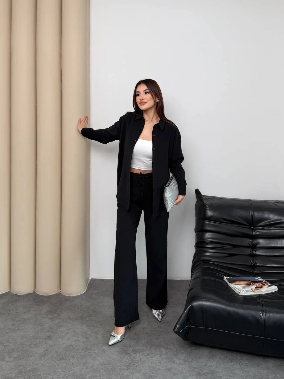 Siyah Oysho Model Tensel Kumaş Gömlekli İkili Takım