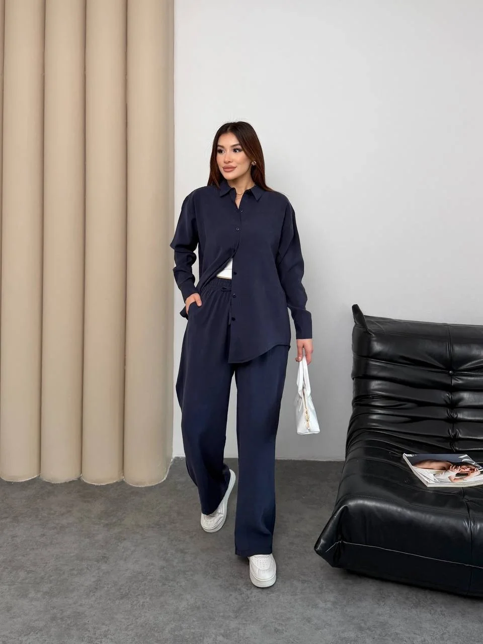 Lacivert Oysho Model Tensel Kumaş Gömlekli İkili Takım