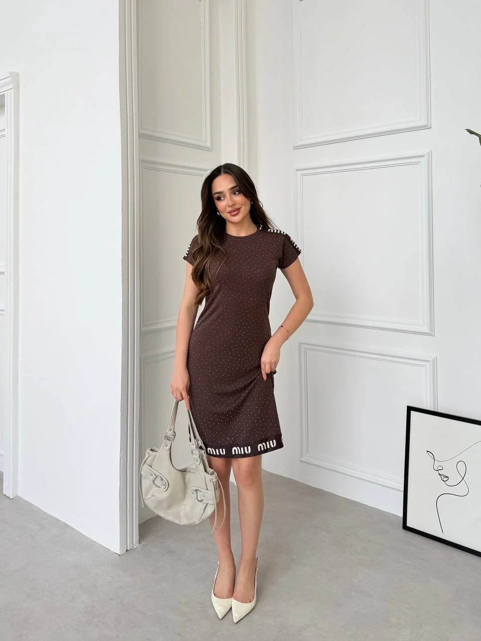 Kahve Miu Miu Taşlı Elbise