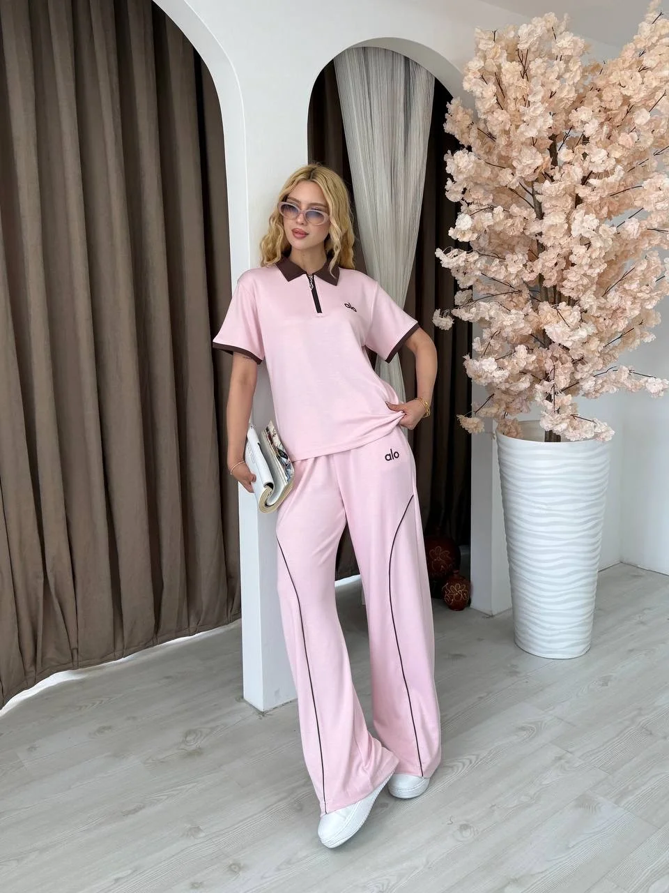 Pembe Alo Fermuar Yaka Biyeli Modal İkili Takım