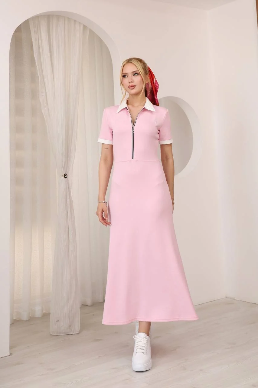 Pembe Polo Yaka Fermuarlı Modal Elbise