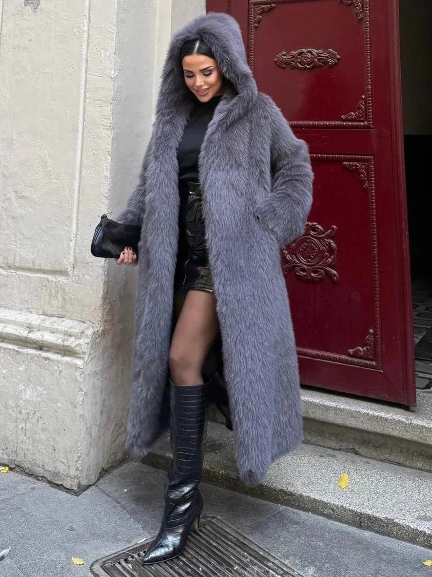 Antrasit Kapşonlu Uzun İthal Kürk