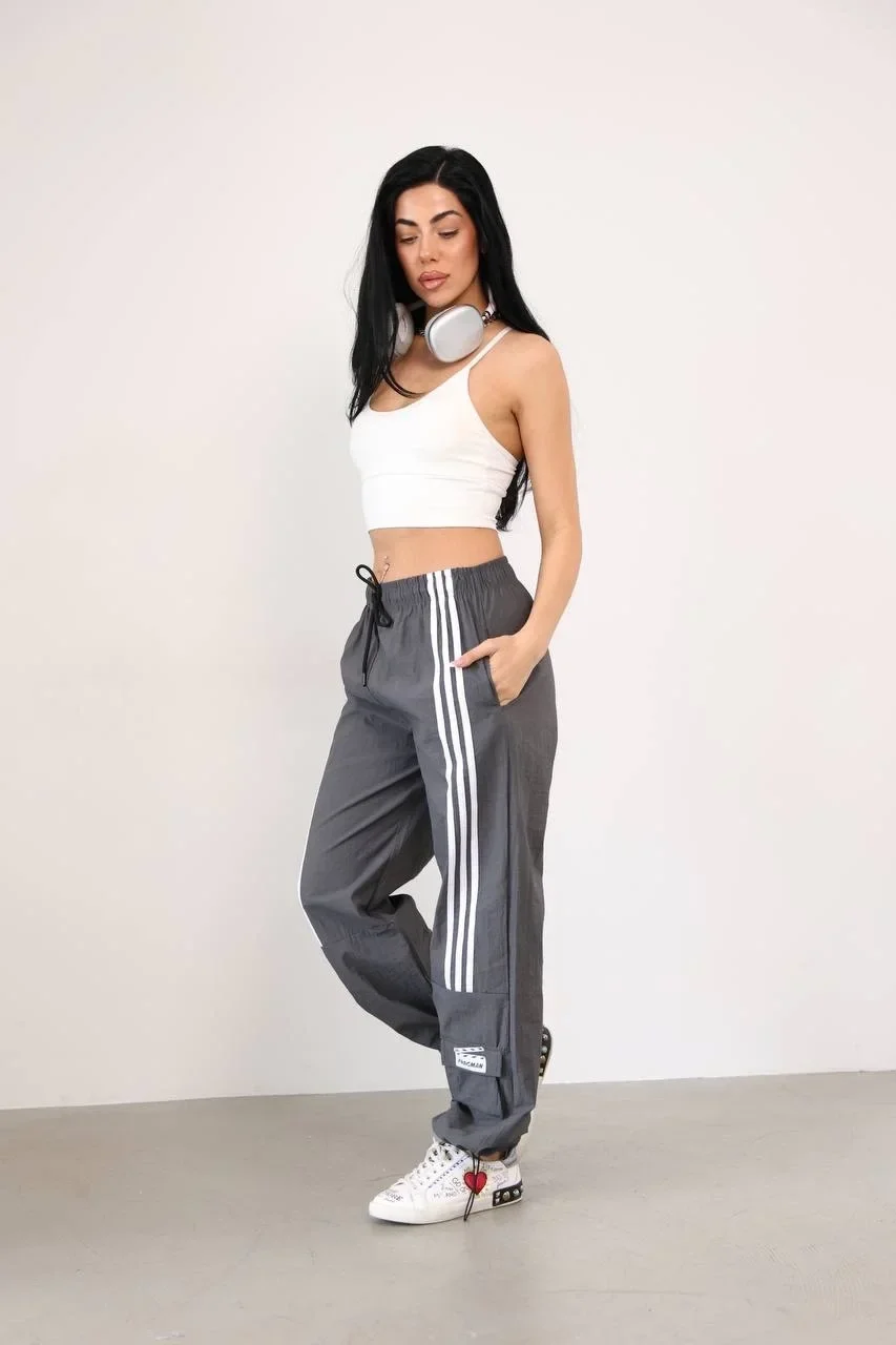 Antrasit Önden Üç Şerit Paça Cep Detay Paraşüt Eşofman