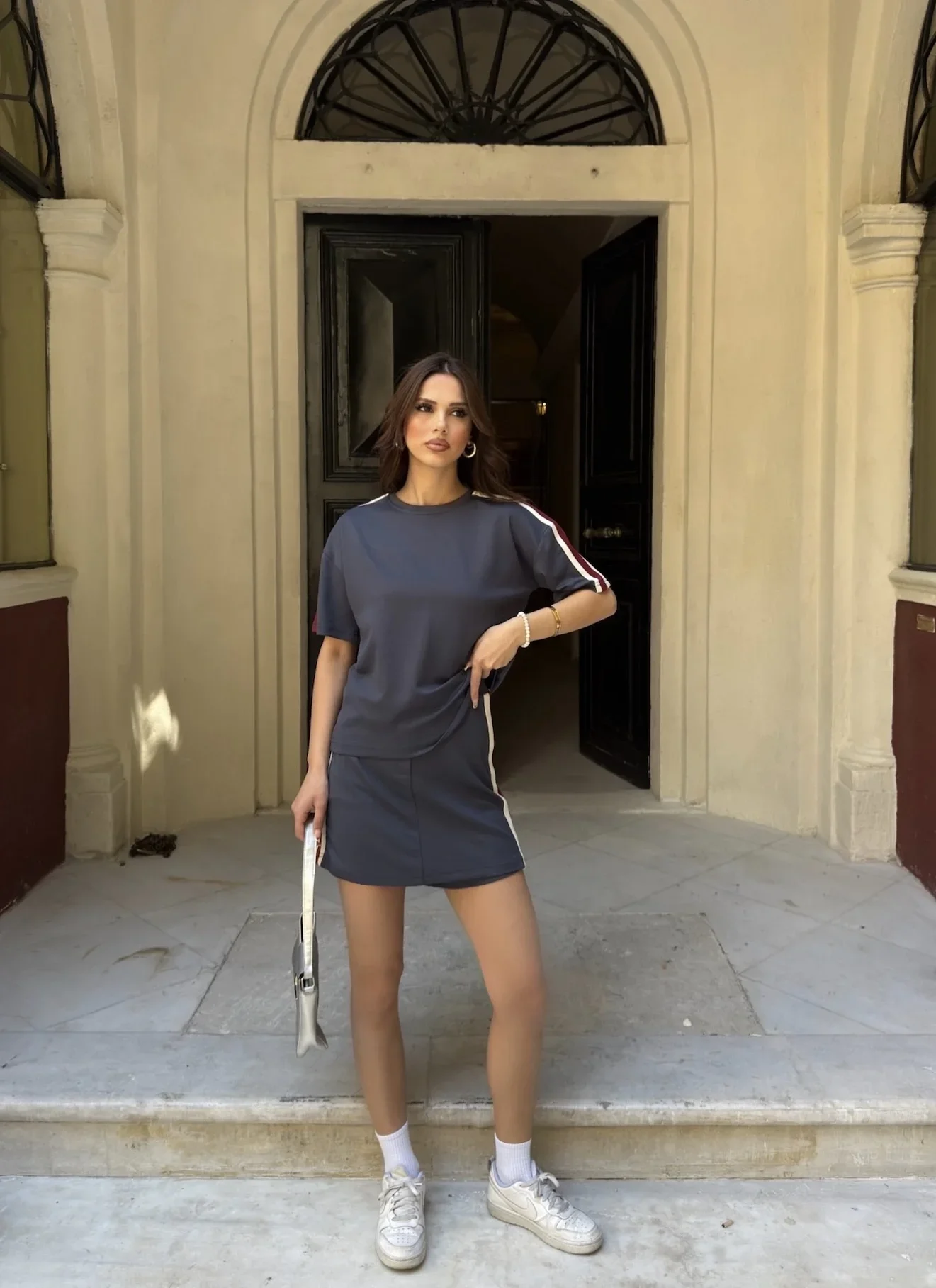 Antrasit Şeritli Şort Etekli Modal Takım