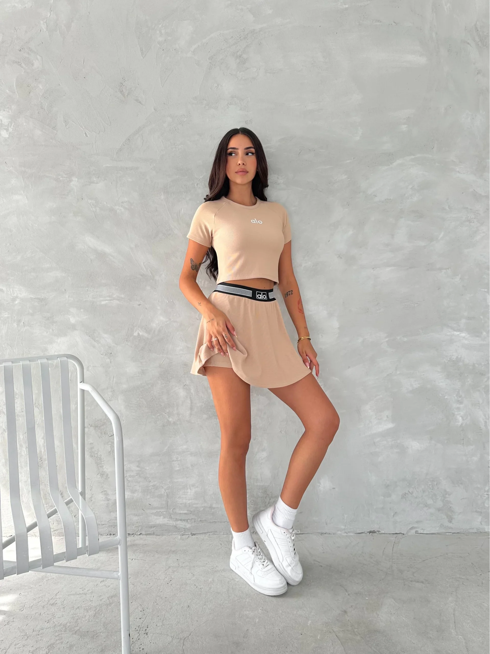 Bej Alo Çizgili Ribana Şort Etekli Takım