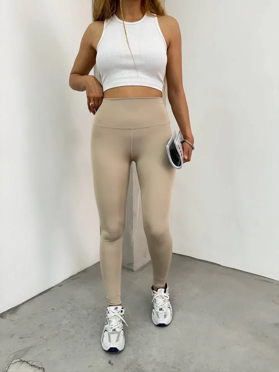 Bej Lock Dikiş Yüksek Bel Oysh Tayt