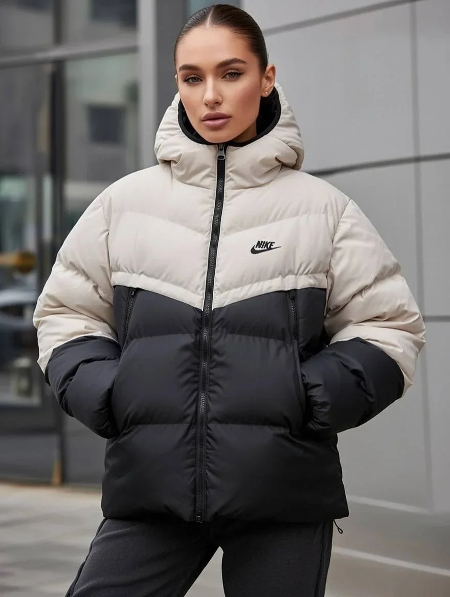 Bej NK Oversize Unisex Kapşonlu Şişme Mont