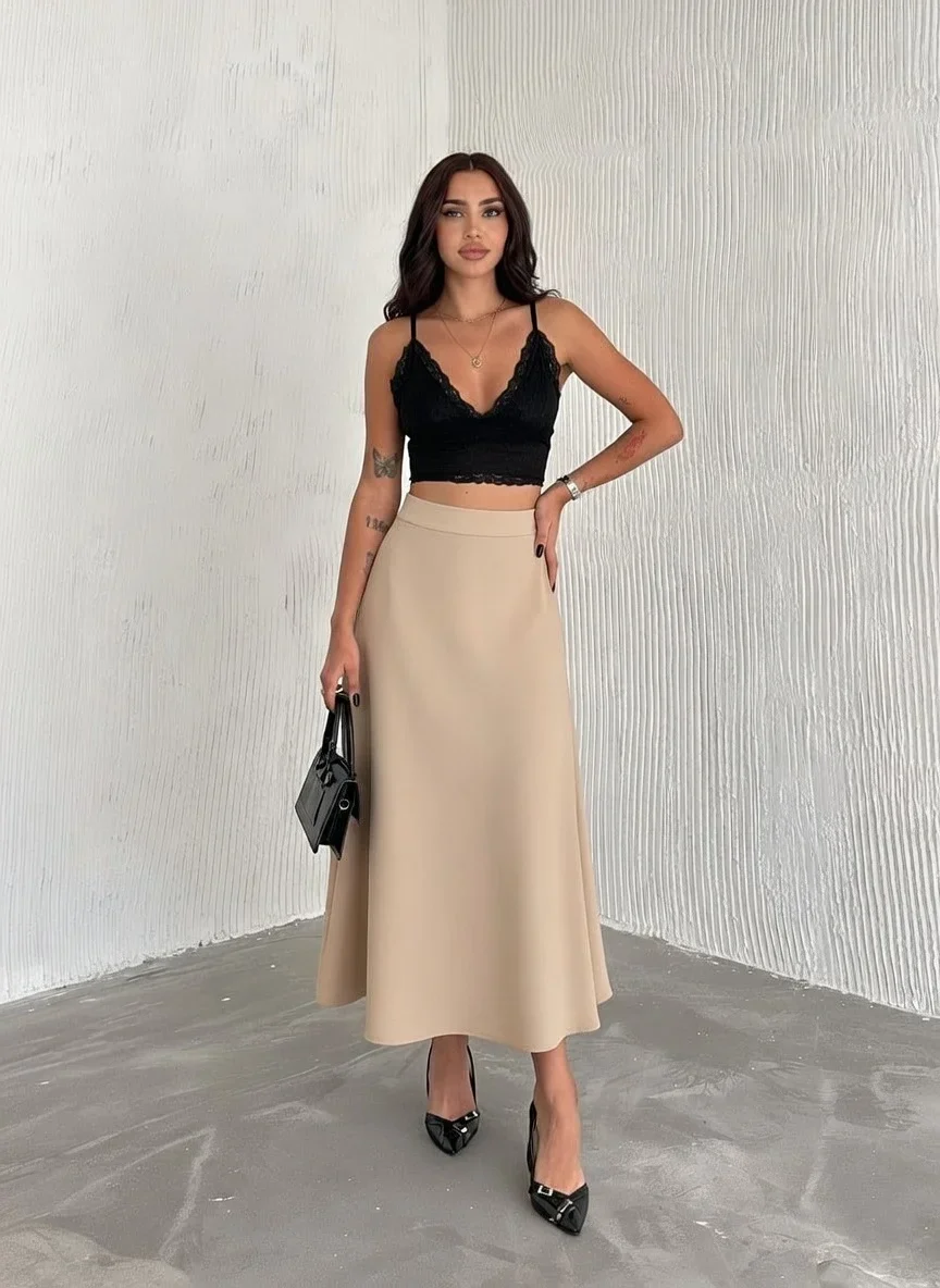 Bej Scuba Puf Uzun Etek