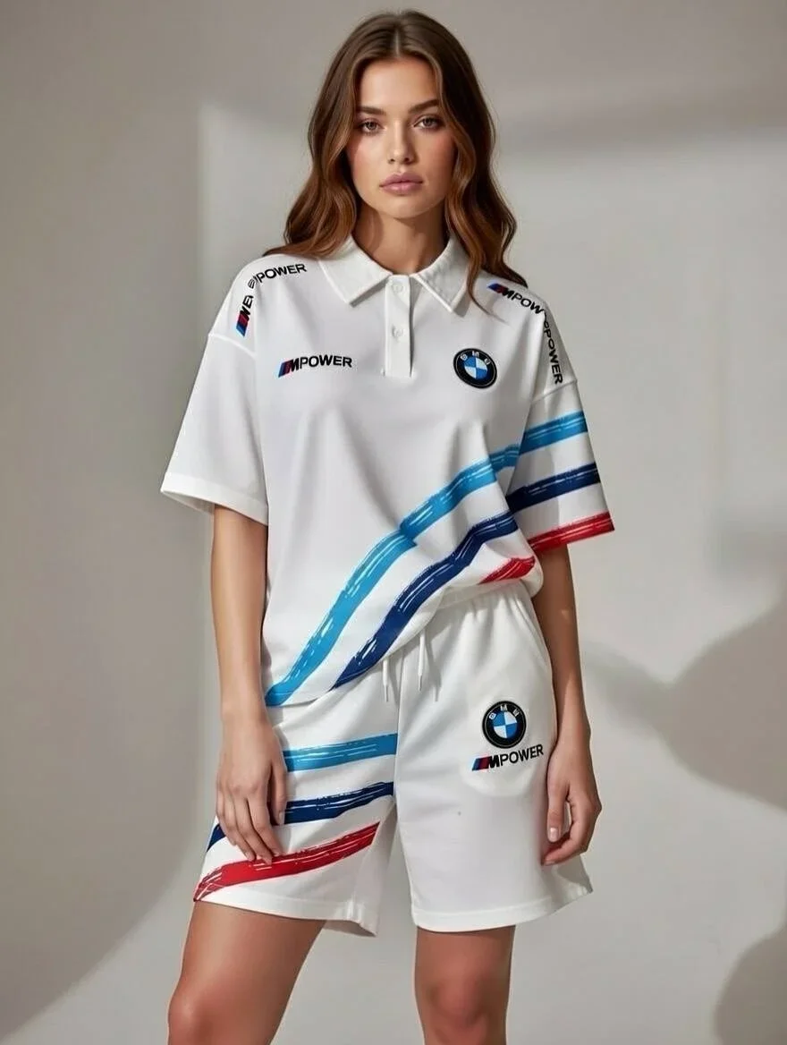 Beyaz BMW Şeritli Penye Kumaş Şortlu Takım