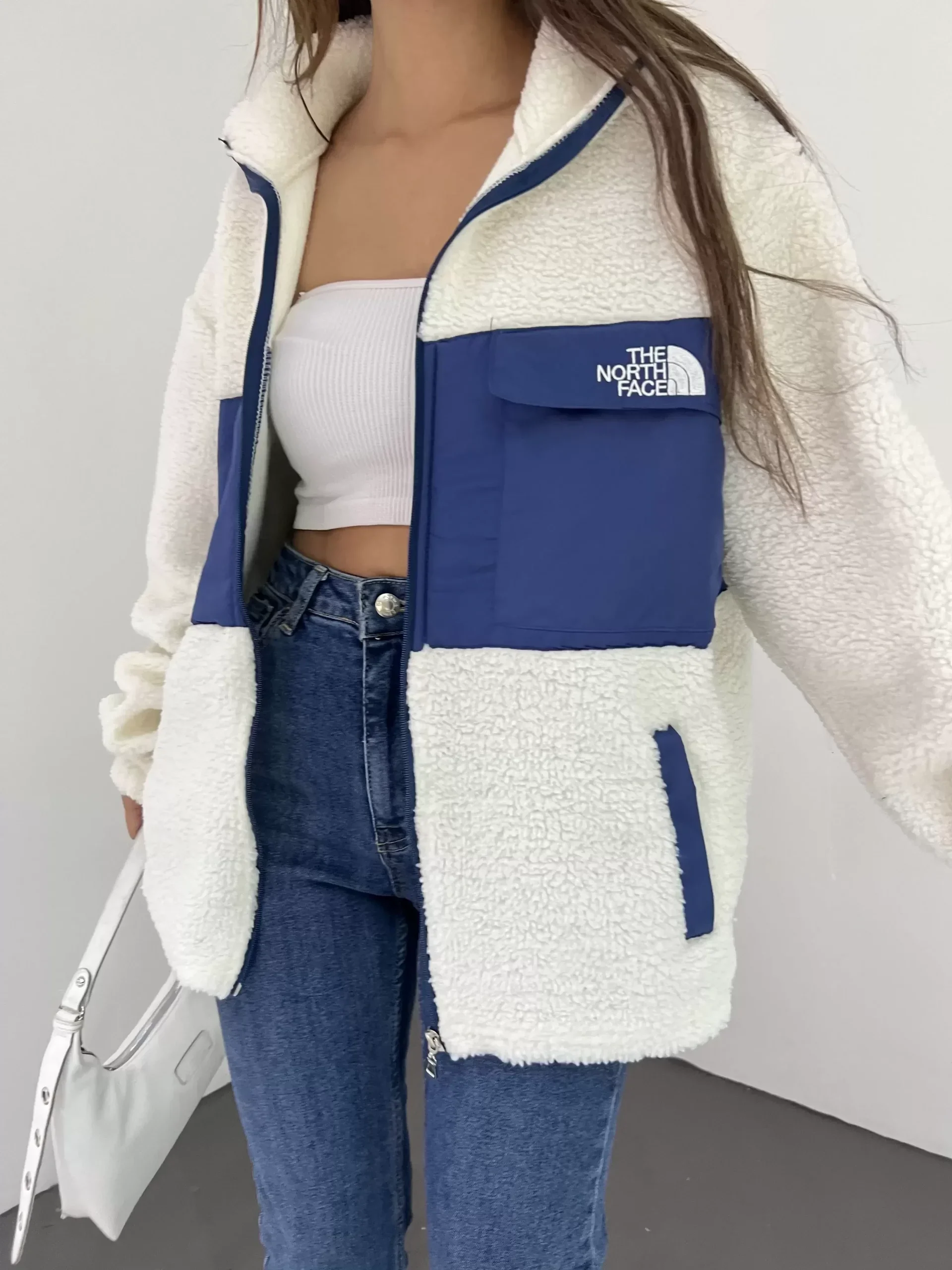 Beyaz Nf Oversize Unisex Kıvırcık Kürklü Ceket