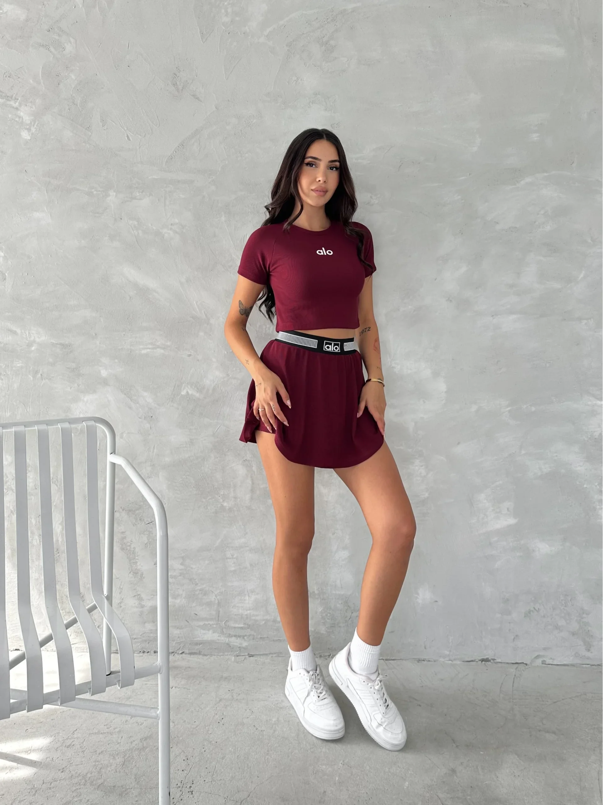 Bordo Alo Çizgili Ribana Şort Etekli Takım