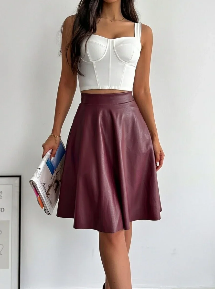 Bordo Deri Kloş Etek