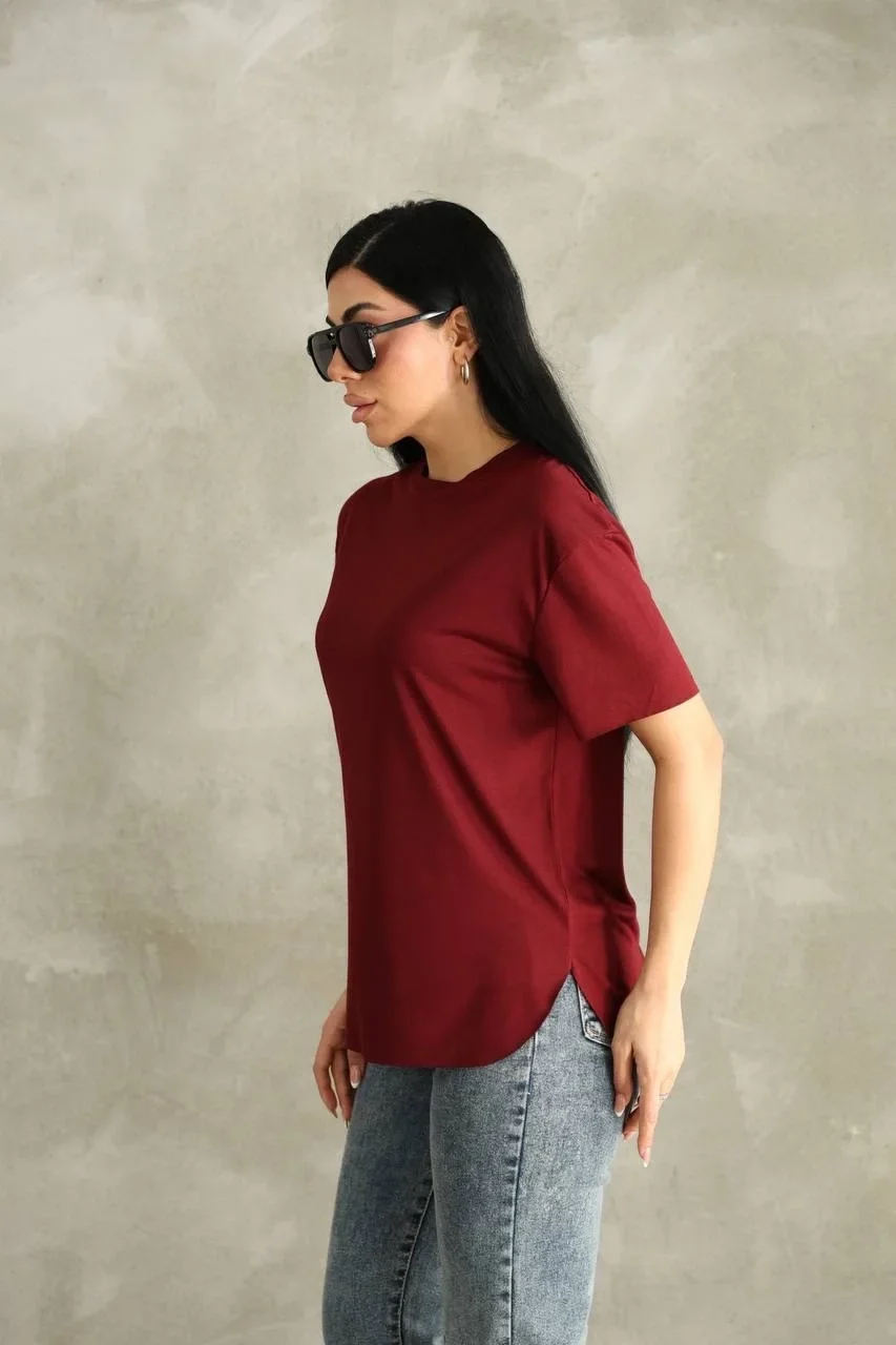 Bordo Oysho Yırtmaçlı Modal Oversize Tshirt