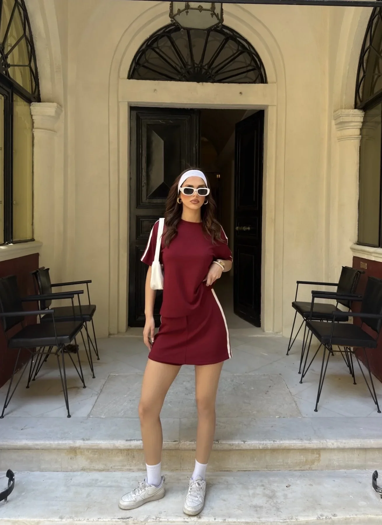 Bordo Şeritli Şort Etekli Modal Takım