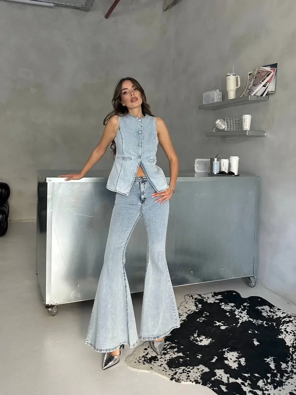 Buz Mavi İspanyol Paça Yelekli Denim Takım