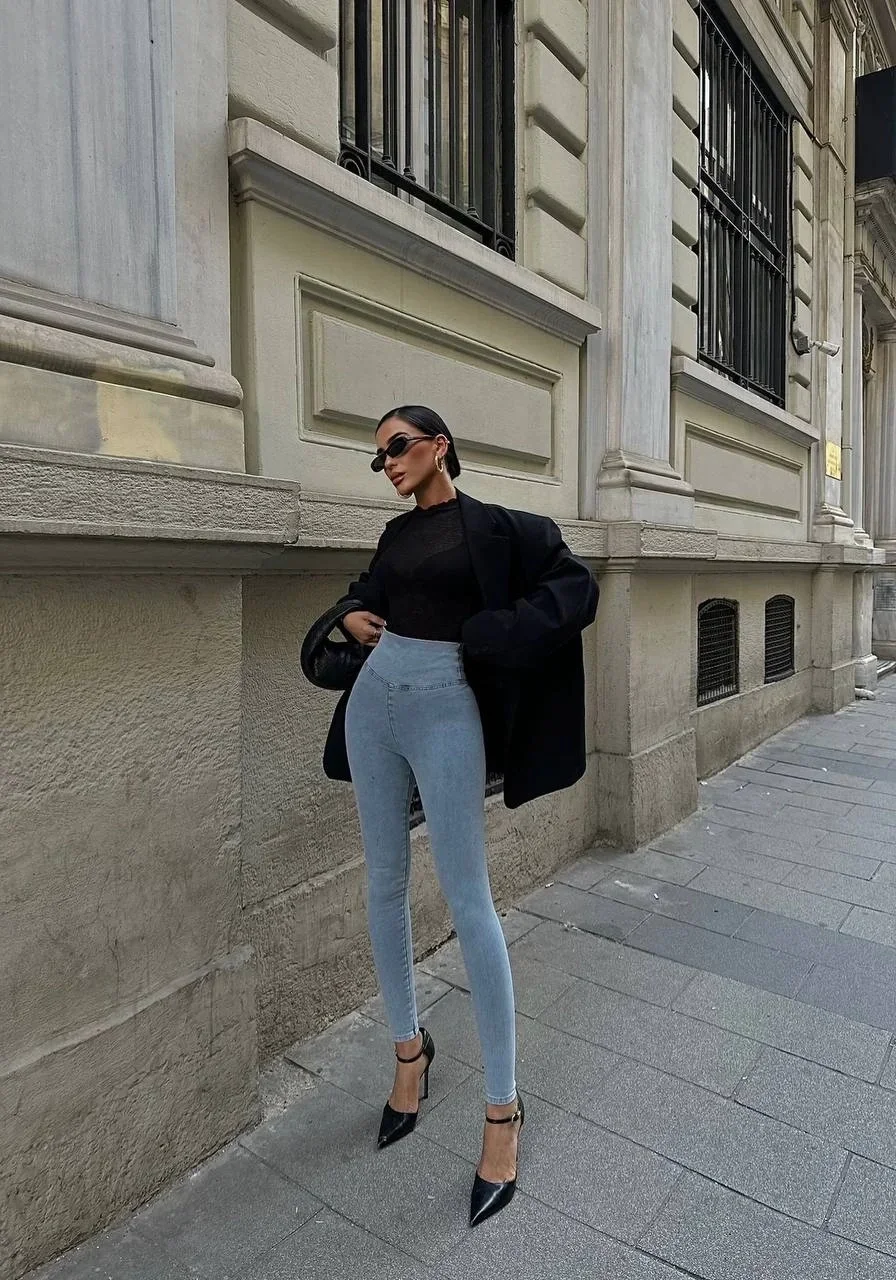 Buz Mavisi Yüksel Bel En Boy Likralı Kot Tayt