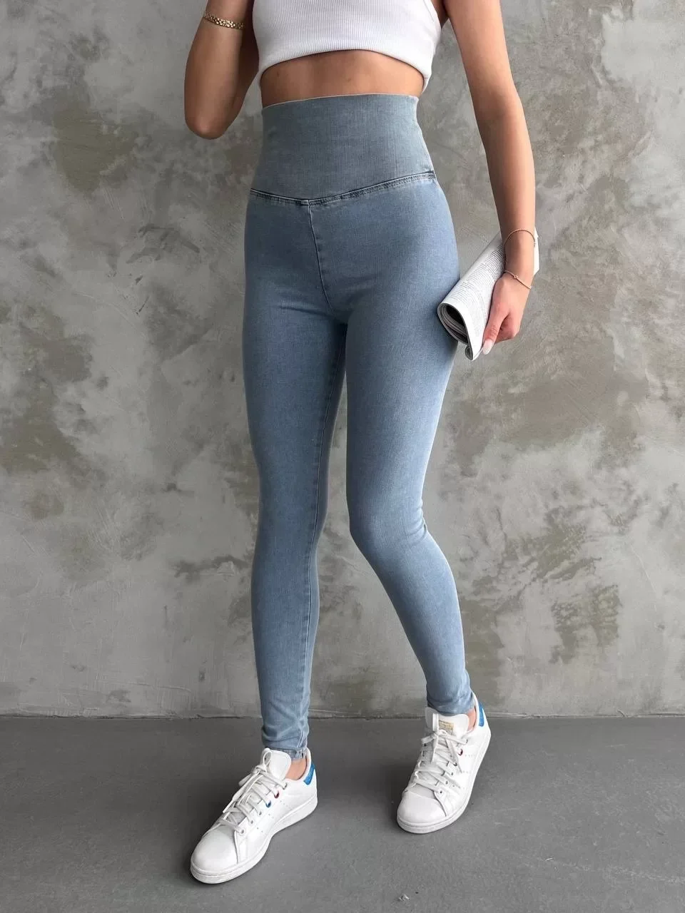 Buz Mavisi Yüksel Bel İnceltici Esnek Likralı Kot Tayt