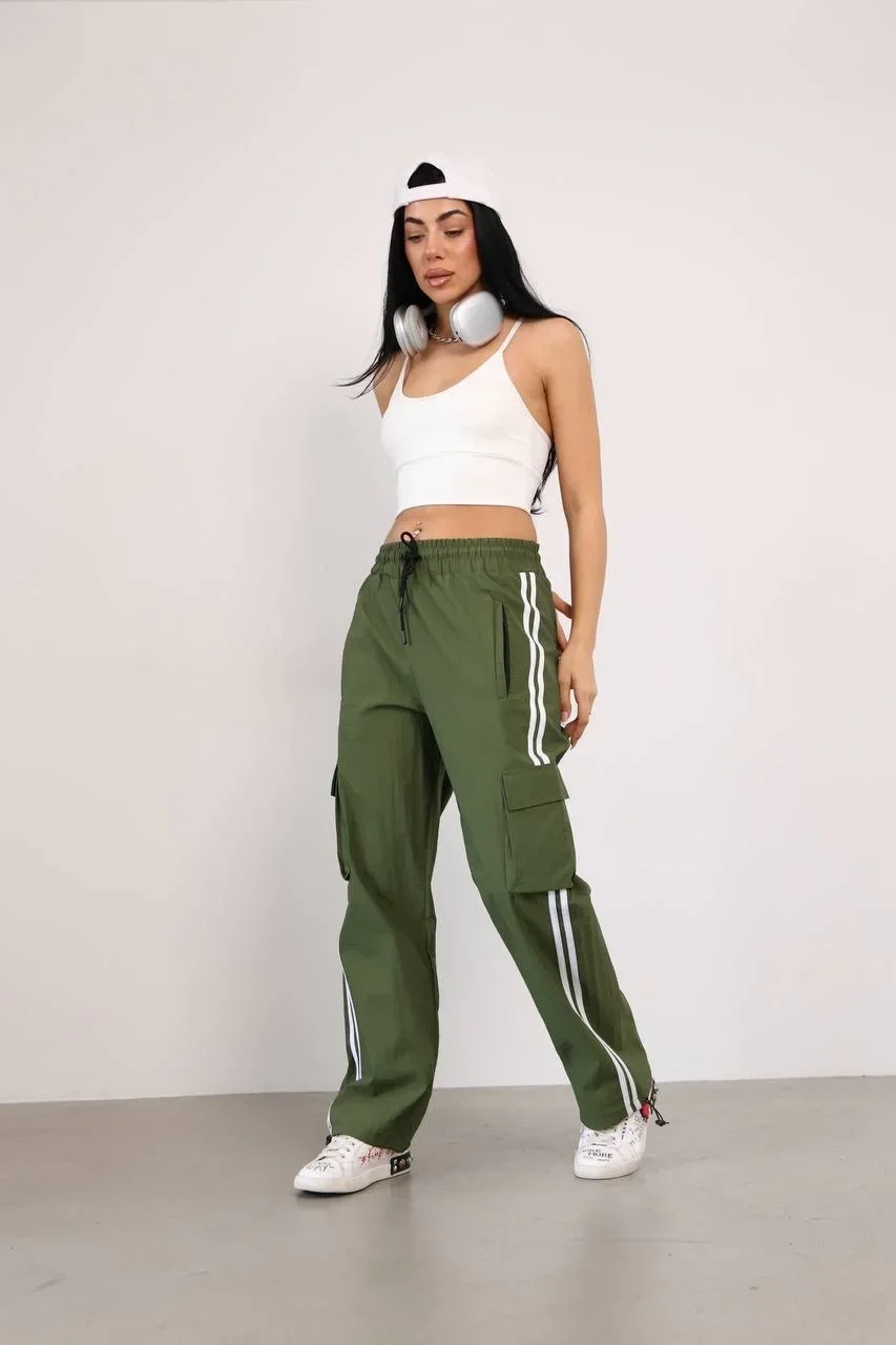 Haki Çift Şerit Kargo Cep Paraşüt Eşofman